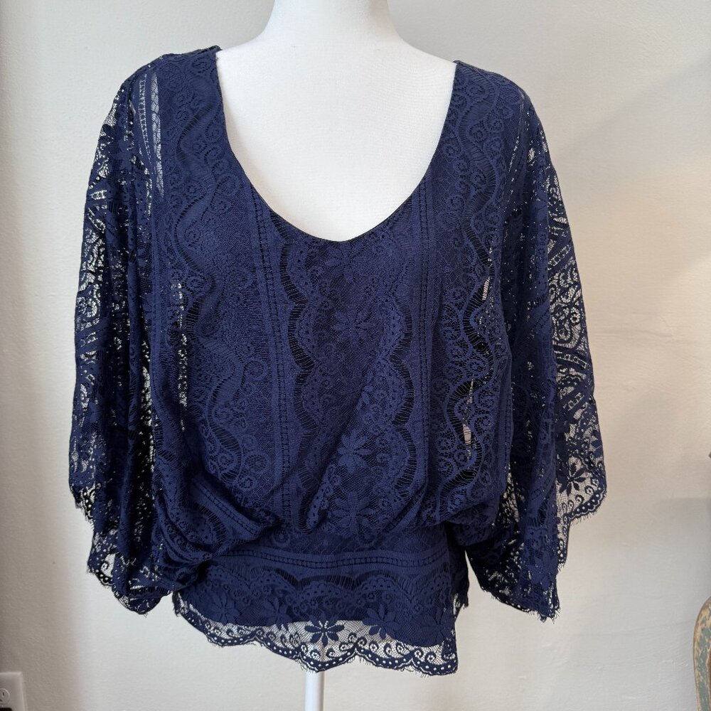 Beyond Vintage Navy Blue Lace Top Blouse
